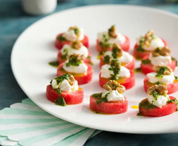 Watermelon Canapés with Whipped Feta and Walnuts Watermelon Canapés with Whipped Feta and Walnuts