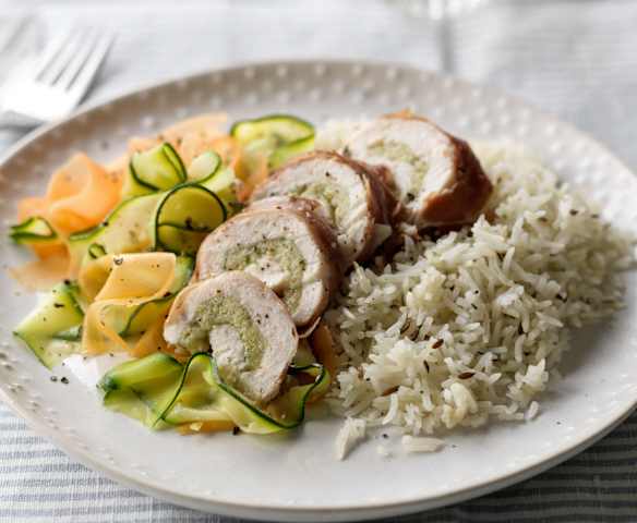 Steamed Stuffed Chicken with Cumin Rice and Ribbon Vegetables Steamed Stuffed Chicken with Cumin Rice and Ribbon Vegetables