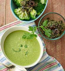Creamed Lettuce Soup, Broccoli with Black Olive Sauce