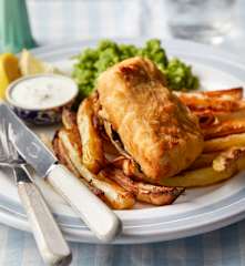 Beer-Battered Tofish, Mushy Peas,Tartare Sauce and Chips
