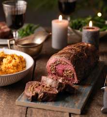Fillet of Beef with Porcini Parmesan Stuffing and Red Wine Gravy
