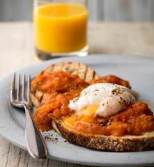 Smashed Plum Tomato Bruschetta with Poached Eggs