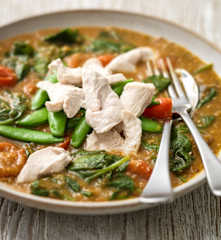 Chicken, Aubergine, Spinach and Lentil Curry, Quick Flatbreads, Frozen Fruit Sorbet