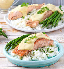 Salmon with Lemon Hollandaise, Asparagus and Rice